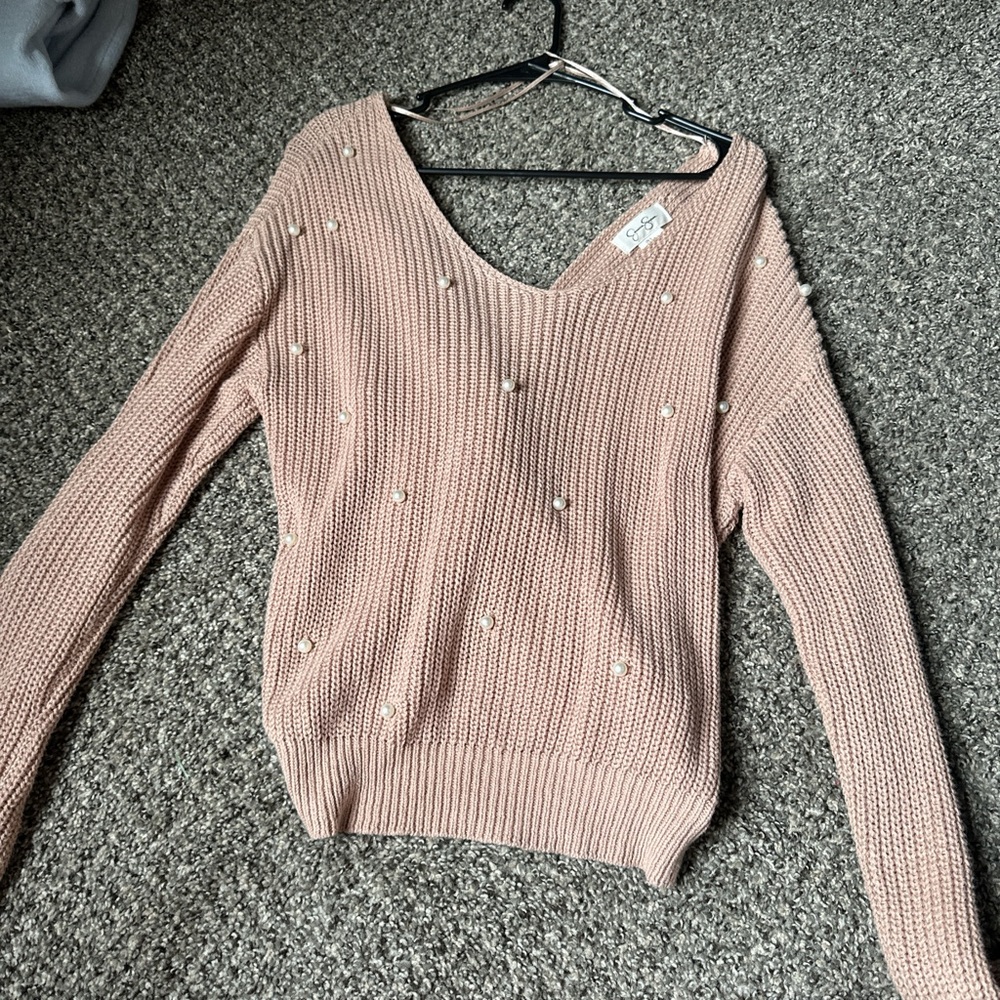 Pink Crew Neck Ribbed Knit Sweater